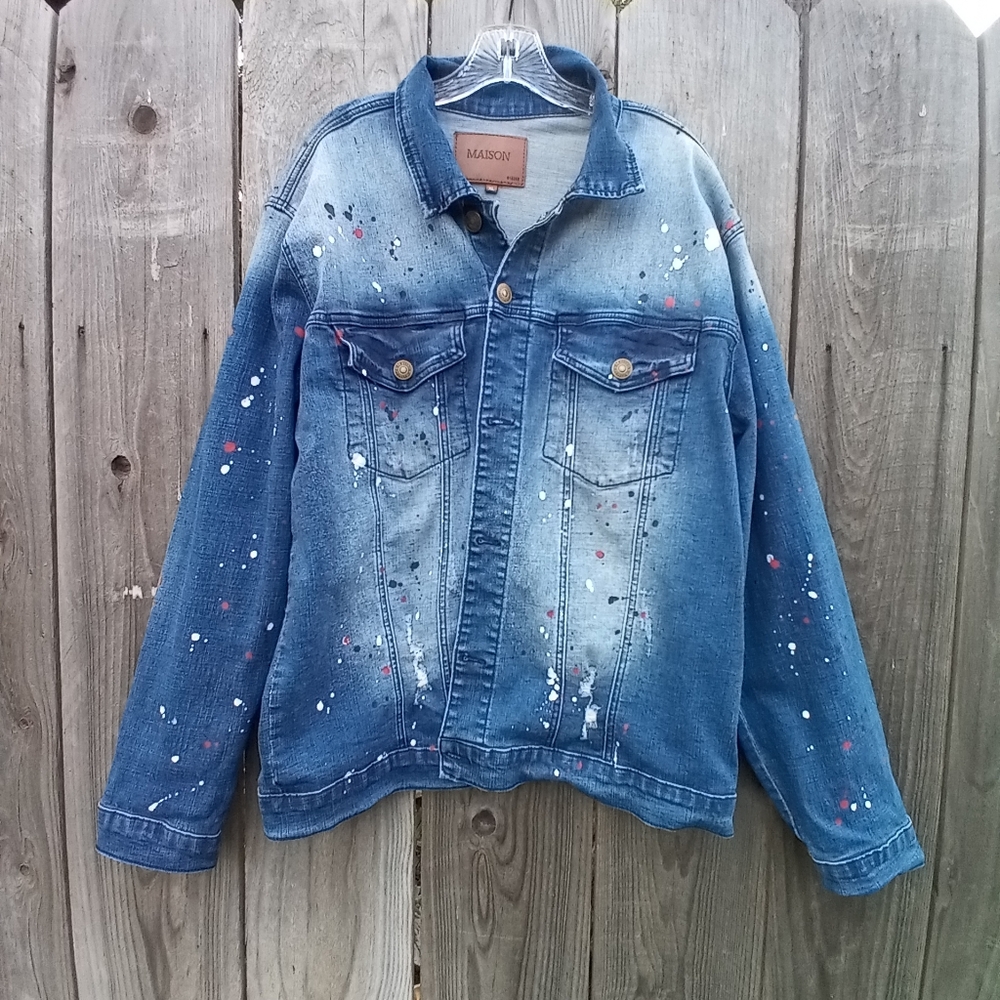 Maison Article Distressed Paint Splattered Unisex Denim Jean Jacket Size 1X